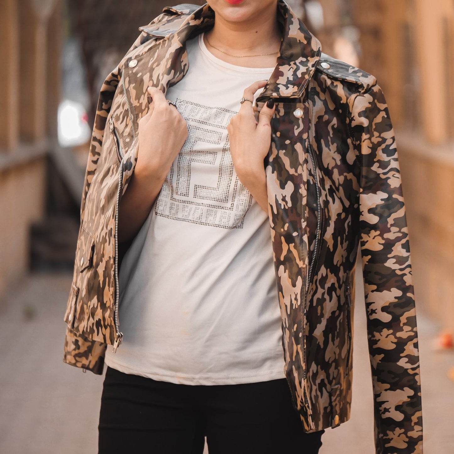 Womens Leather Military Camouflage Print Jacket-8