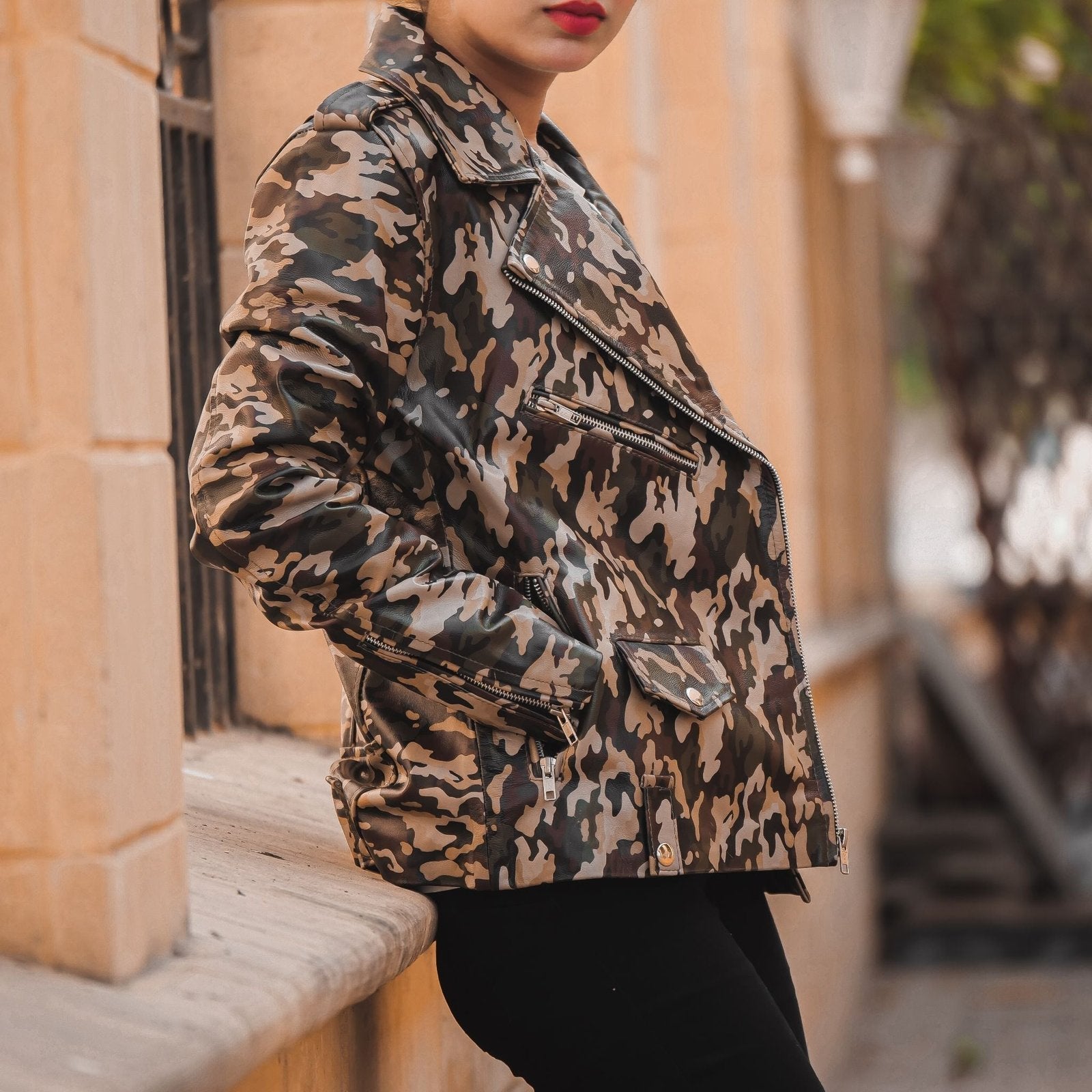 Womens Leather Military Camouflage Print Jacket-1