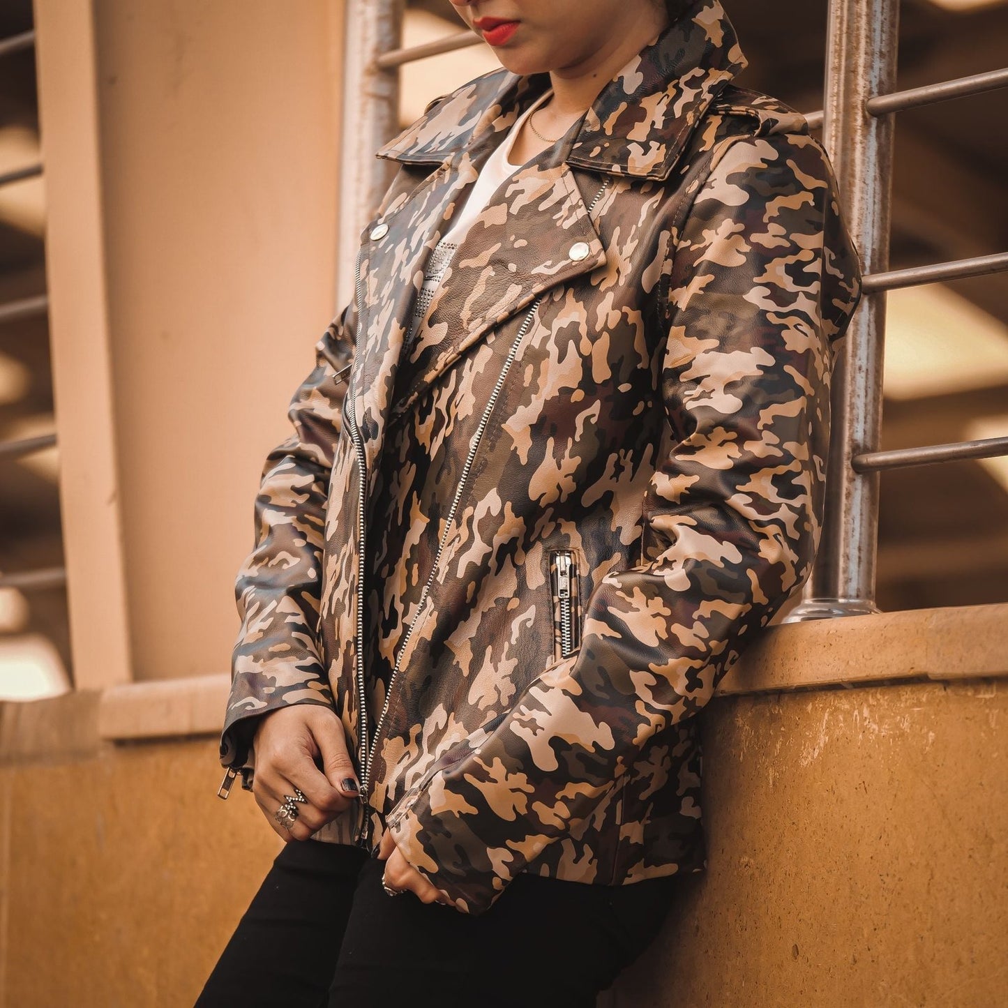 Womens Leather Military Camouflage Print Jacket-6