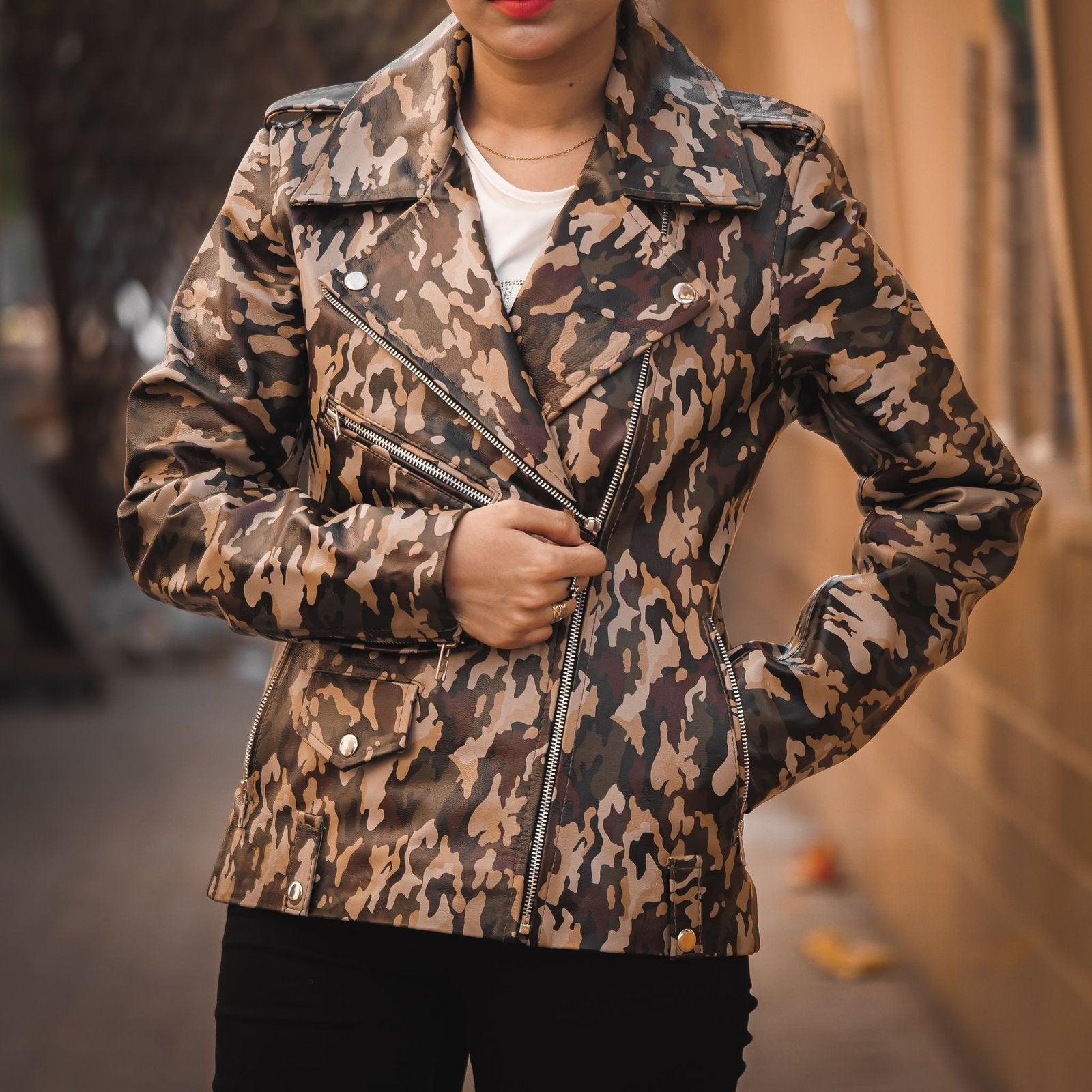 Womens Leather Military Camouflage Print Jacket-0