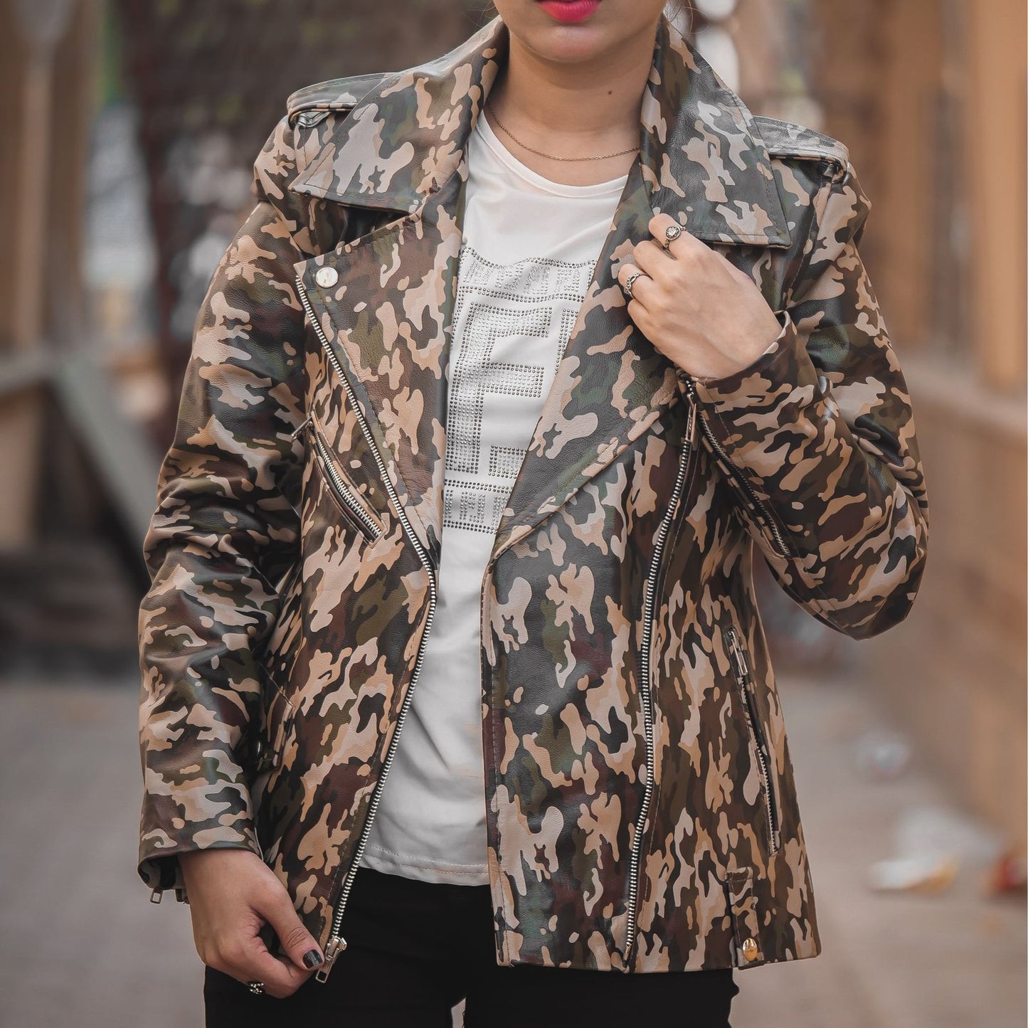 Womens Leather Military Camouflage Print Jacket-5