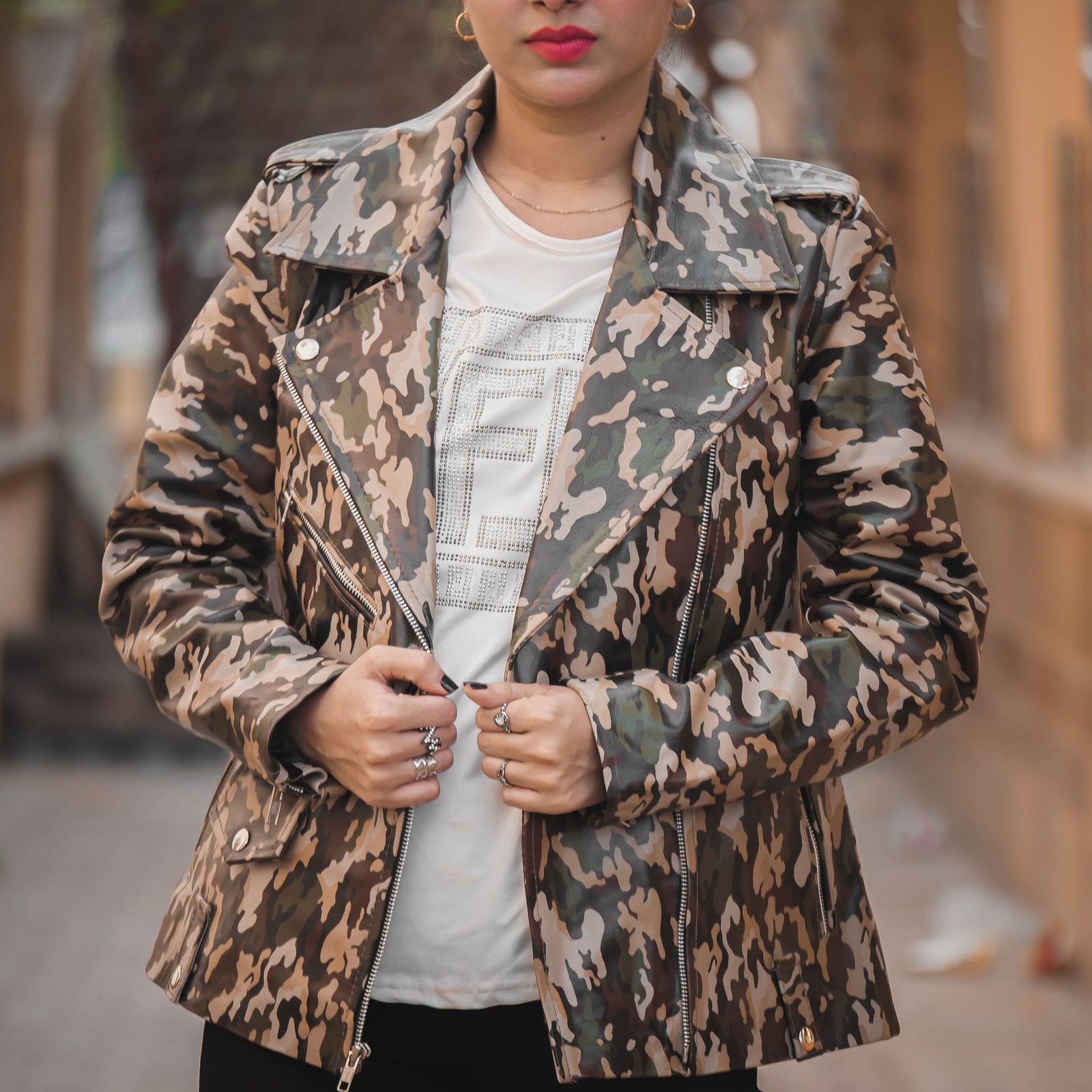 Womens Leather Military Camouflage Print Jacket-7