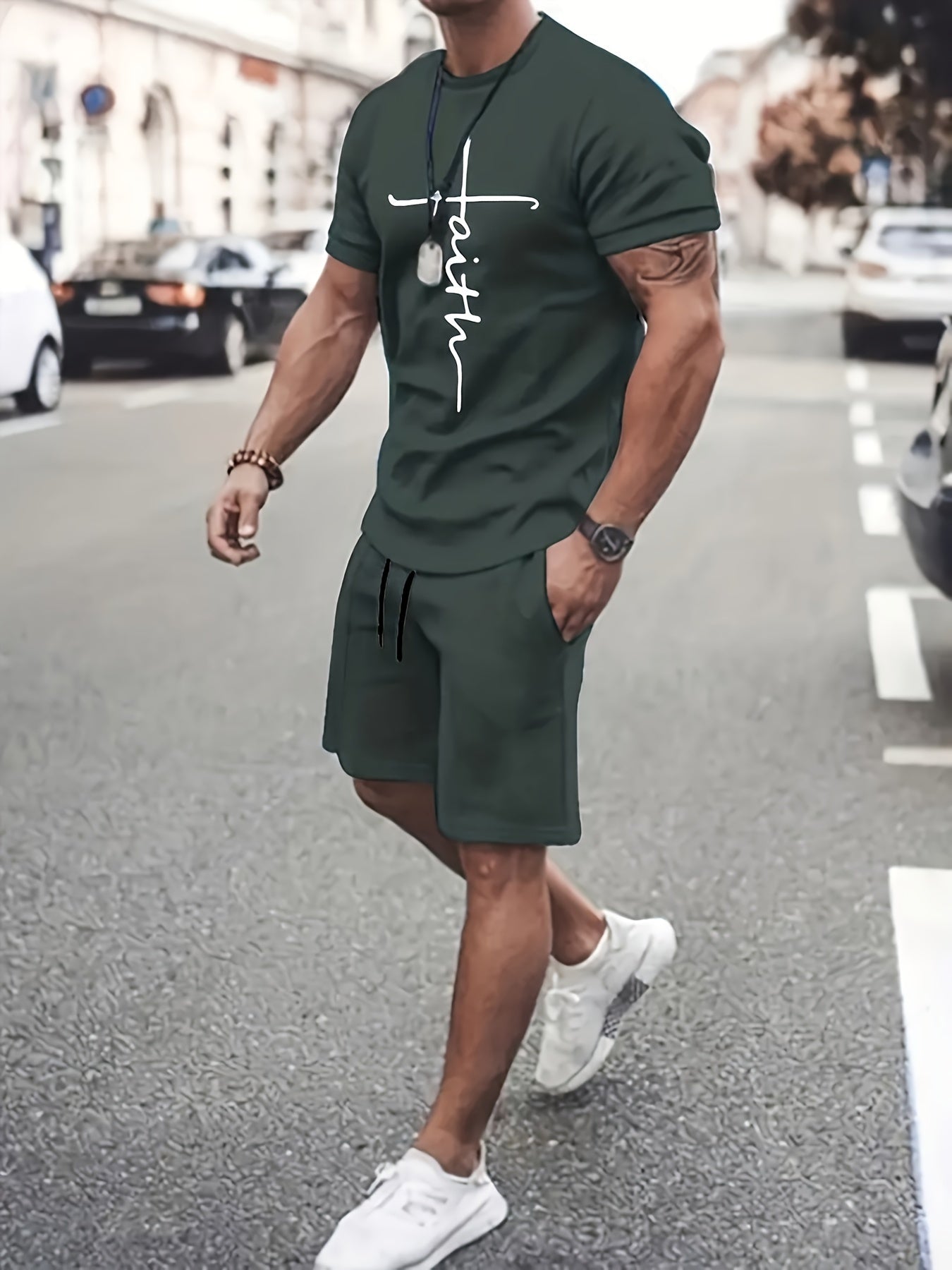 2-piece Men's Summer Casual Outfit Set, Men's Faith Print Short Sleeve T-shirt & Solid Drawstring Shorts With Pockets