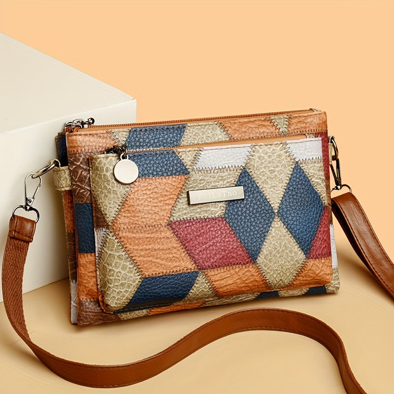 Rhombus Pattern Crossbody Bag, Bohemian Style Shoulder Bag