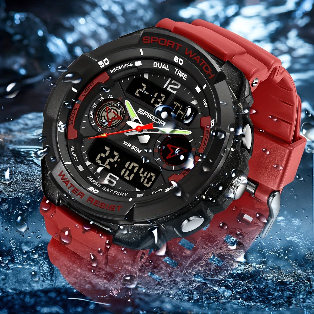 Fashion Mens Sports Dual Display Waterproof Quartz Watch, Outdoors Luminous Watch With Countdown, Alarm Clock, Stopwatch Functions