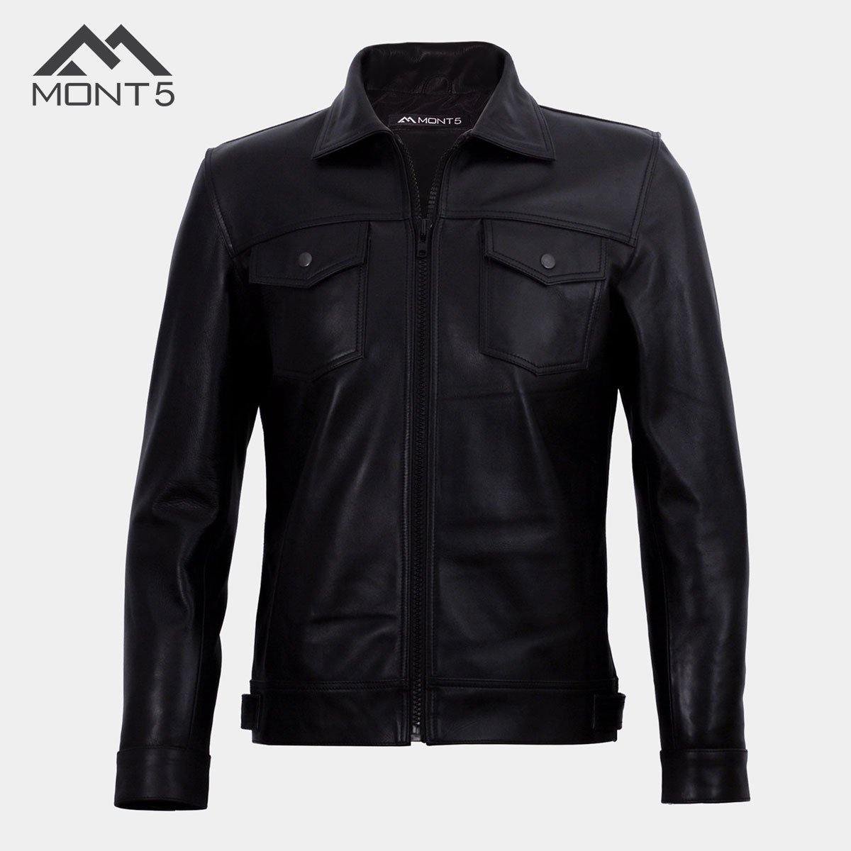 MONT5 - Diran Men Black Classic Leather Jacket with Shirt Collar-0