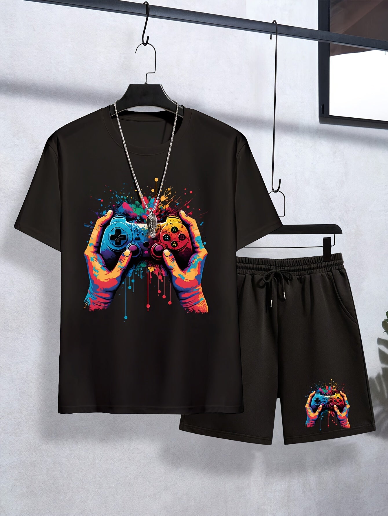 Teen Boys 2pcs Cartoon Colorful Gamepad Print Tee & Comfy Shorts Set, Teens Outfit