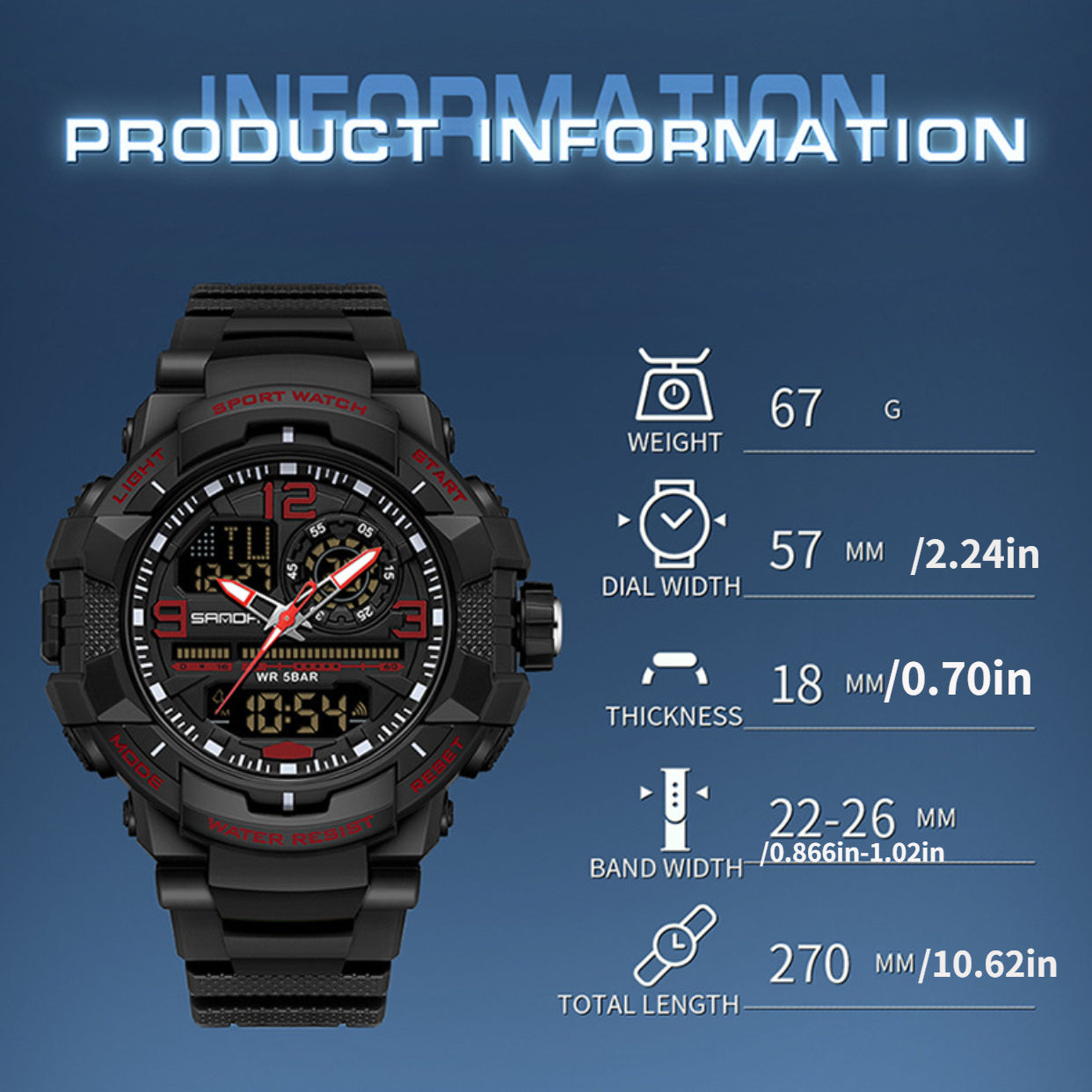 Sanda LED Electronic Watch, Alarm Clock Men's Waterproof Multi Functional Night Light Watch