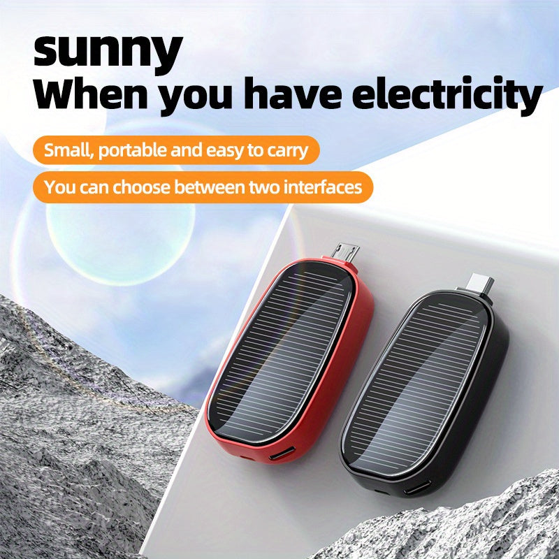 1PC Portable Solar Charger with Retractable Plug, Lithium Battery, USB Type C & Micro USB, Male to Female, Solar Powered Power Bank with Lanyard, Universal Compatibility for Mobile Devices