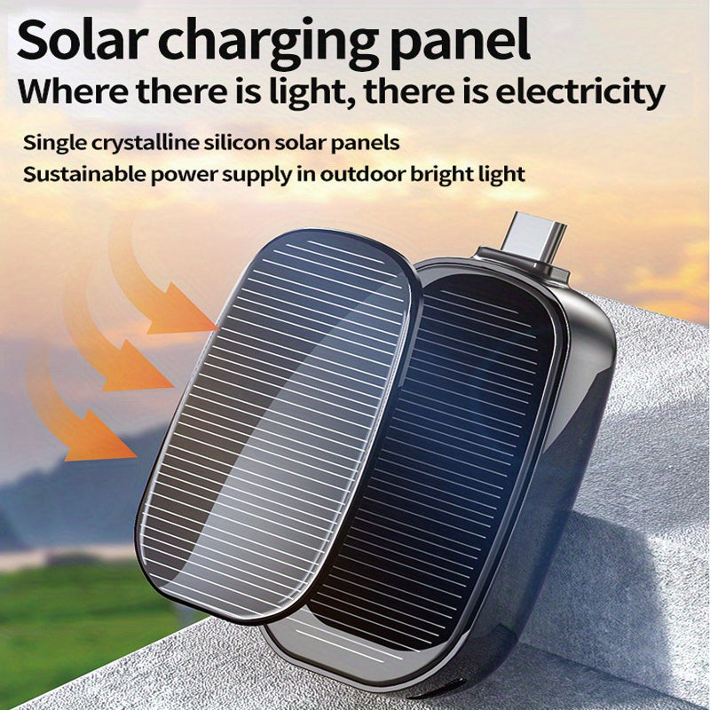 1PC Portable Solar Charger with Retractable Plug, Lithium Battery, USB Type C & Micro USB, Male to Female, Solar Powered Power Bank with Lanyard, Universal Compatibility for Mobile Devices