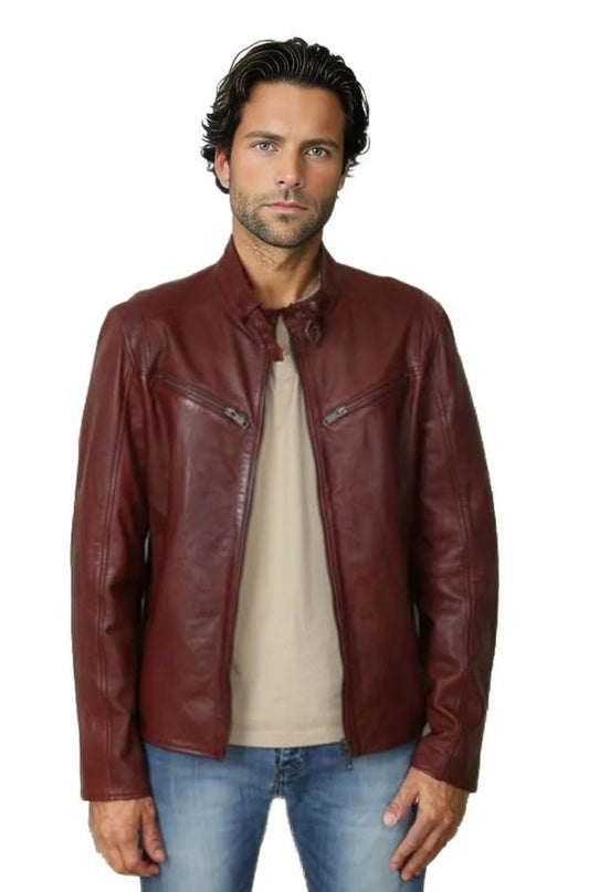 Leo Men's Genuine Leather Biker Jacket Maroon-0