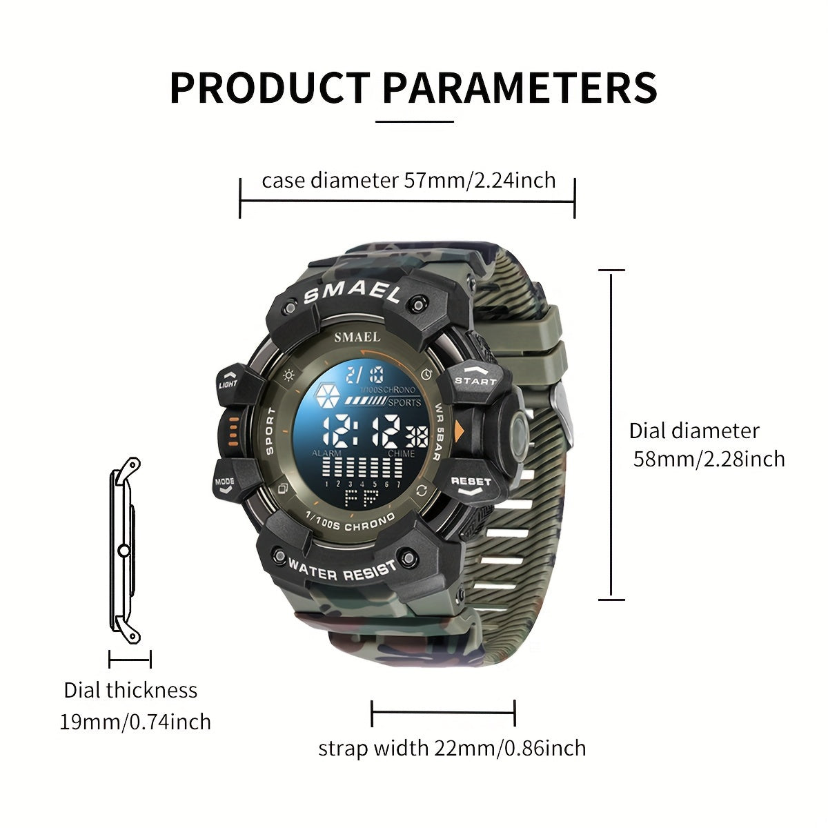 SMAEL Sports Digital Wristwatch For Outdoor Mountaineering, LED Night Light Multifunctional Alarm Calendar Waterproof Watch With Large Dial Camo Strap