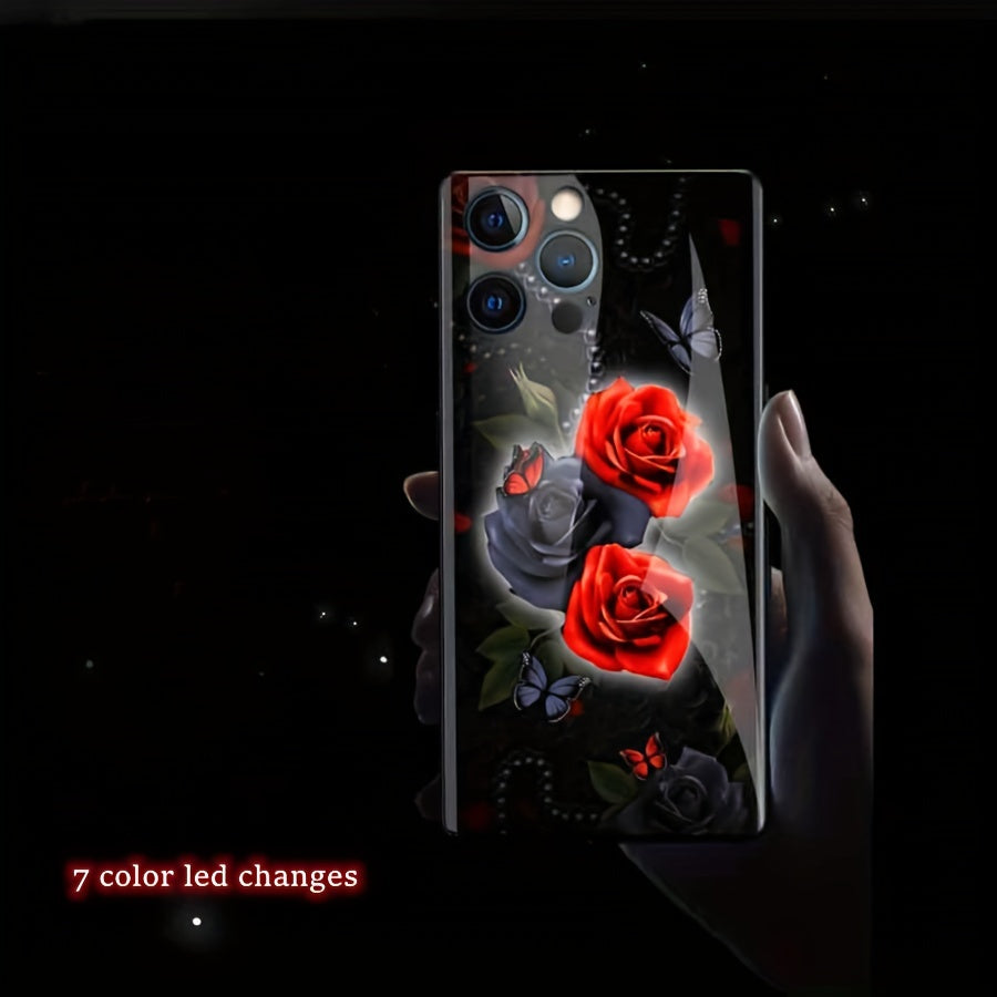 Flower Graphic Phone Cover For IPhone 15 Pro Max/14/13/12/11 Pro Max, Anti Scratch Glass Women Flash Case Voice Control