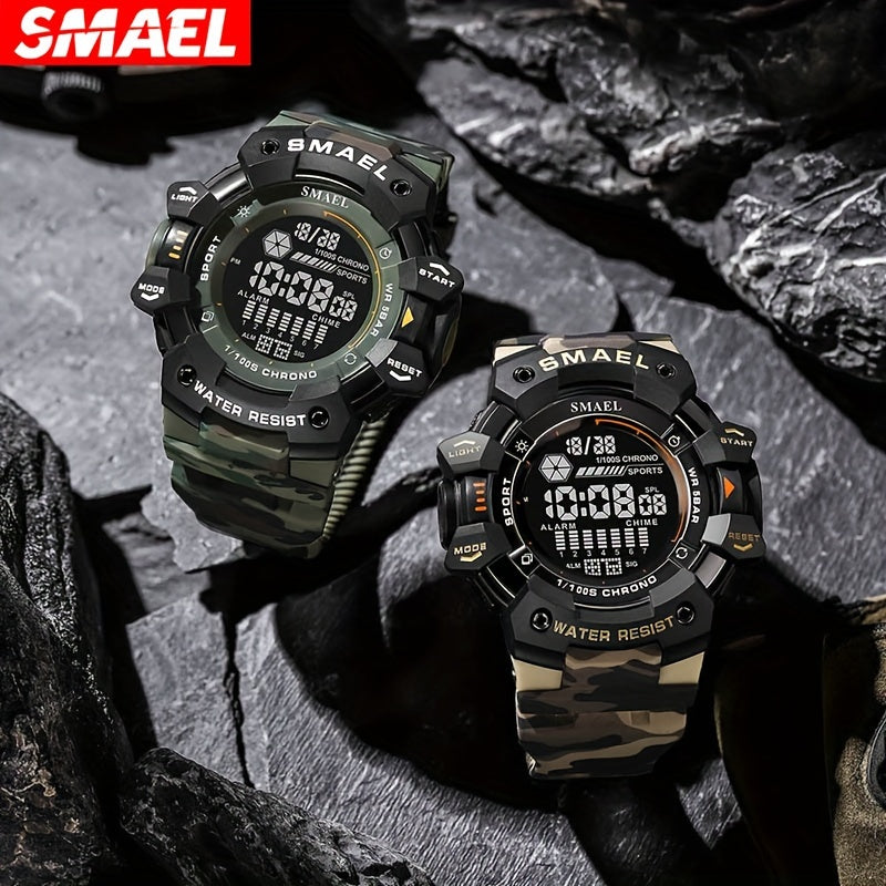 SMAEL Sports Digital Wristwatch For Outdoor Mountaineering, LED Night Light Multifunctional Alarm Calendar Waterproof Watch With Large Dial Camo Strap