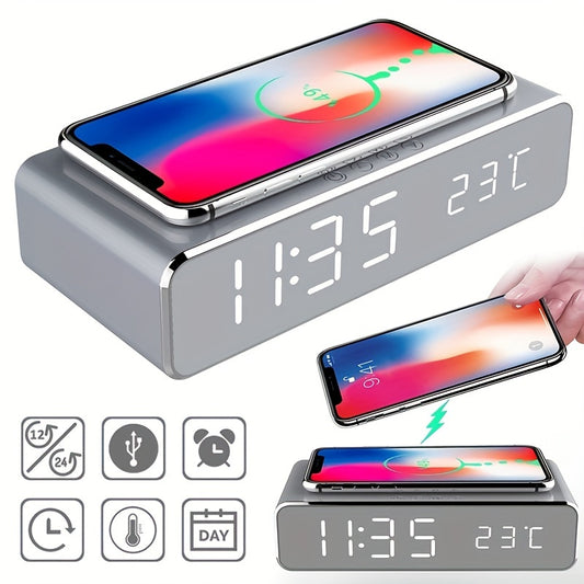 Wireless Charger Time Alarm Clock LED Digital Thermometer Earphone Phone Chargers Fast Charging Dock Station For IPhone 15, 14, 13, 12, Samsung