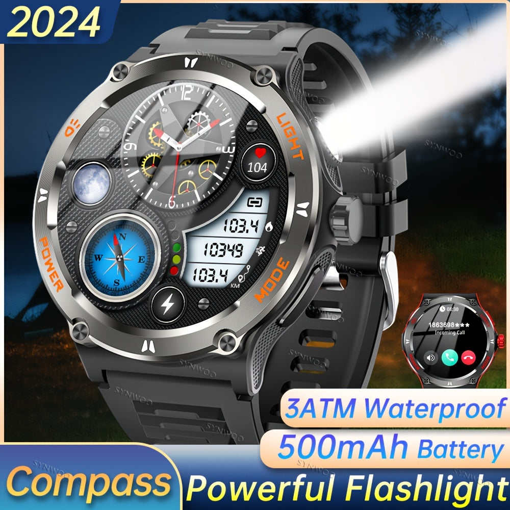 1pc Smart Watch With HD Touch Screen, Outdoor Strong Light Flashlight, And Compass, Outdoor Wireless Calling Sports Bracelet, 500mAh Battery, Rugged Fitness Tracker