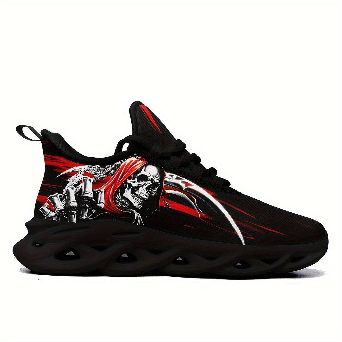 Plus Size Men's Cyber Punk Style Skull Pattern Woven Breathable Sneakers, Comfy Non Slip Durable Lace Up EVA Sole Running Shoes