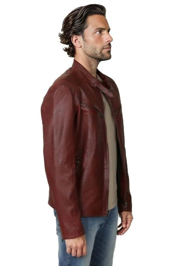 Leo Men's Genuine Leather Biker Jacket Maroon-1