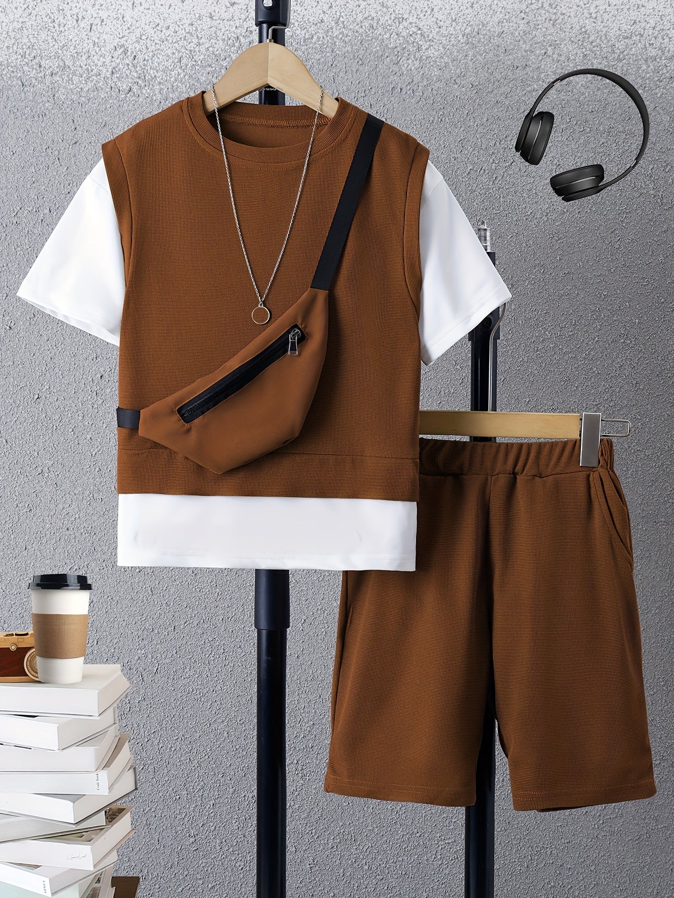 3pcs Boys Casual Fake Two-piece Short Sleeve T-shirt & Shorts & Crossbody Bag Set, Comfy Summer Boys Clothes