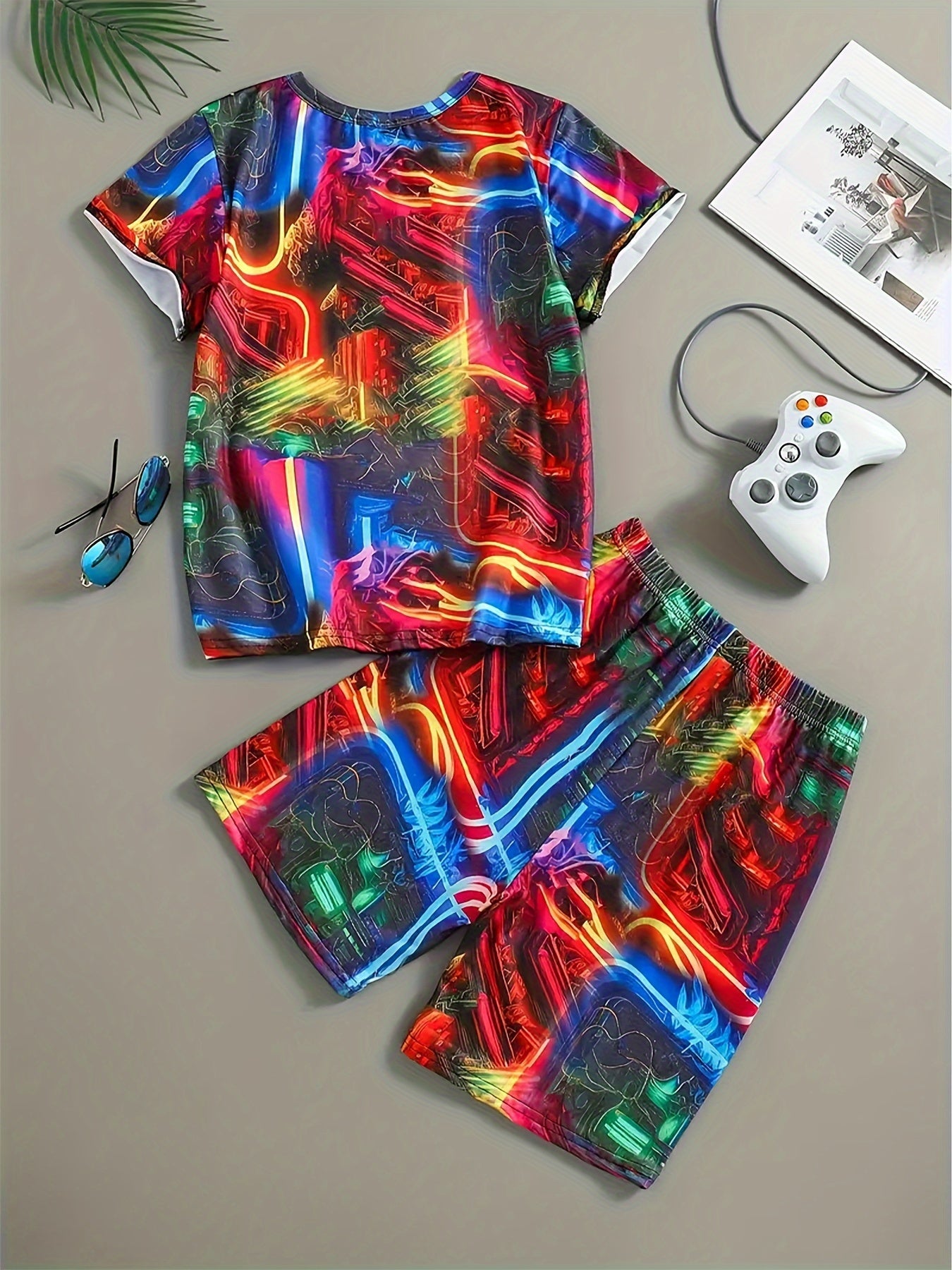 2pcs Boys Casual Colorful Cool Game Console 3D Print Comfortable Versatile Short Sleeve T-shirt & Shorts Set, Cool, Lightweight And Comfy Summer Clothes!