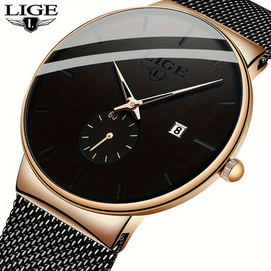 1pc LIGE Fashion Black Watch With Color Needle, Casual Slim Mesh Steel Waterproof Sports Watch