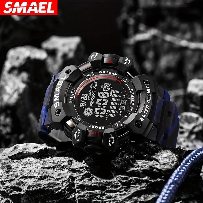 SMAEL Sports Digital Wristwatch For Outdoor Mountaineering, LED Night Light Multifunctional Alarm Calendar Waterproof Watch With Large Dial Camo Strap