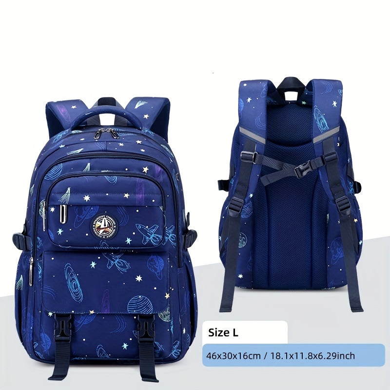 Galaxy Explorer Durable Large Capacity Kids School Backpack, Waterproof With Fun Astronaut & Starry Sky Print, With Adjustable Straps