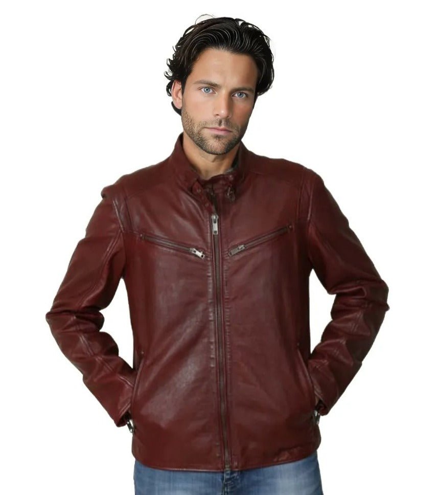 Leo Men's Genuine Leather Biker Jacket Maroon-2