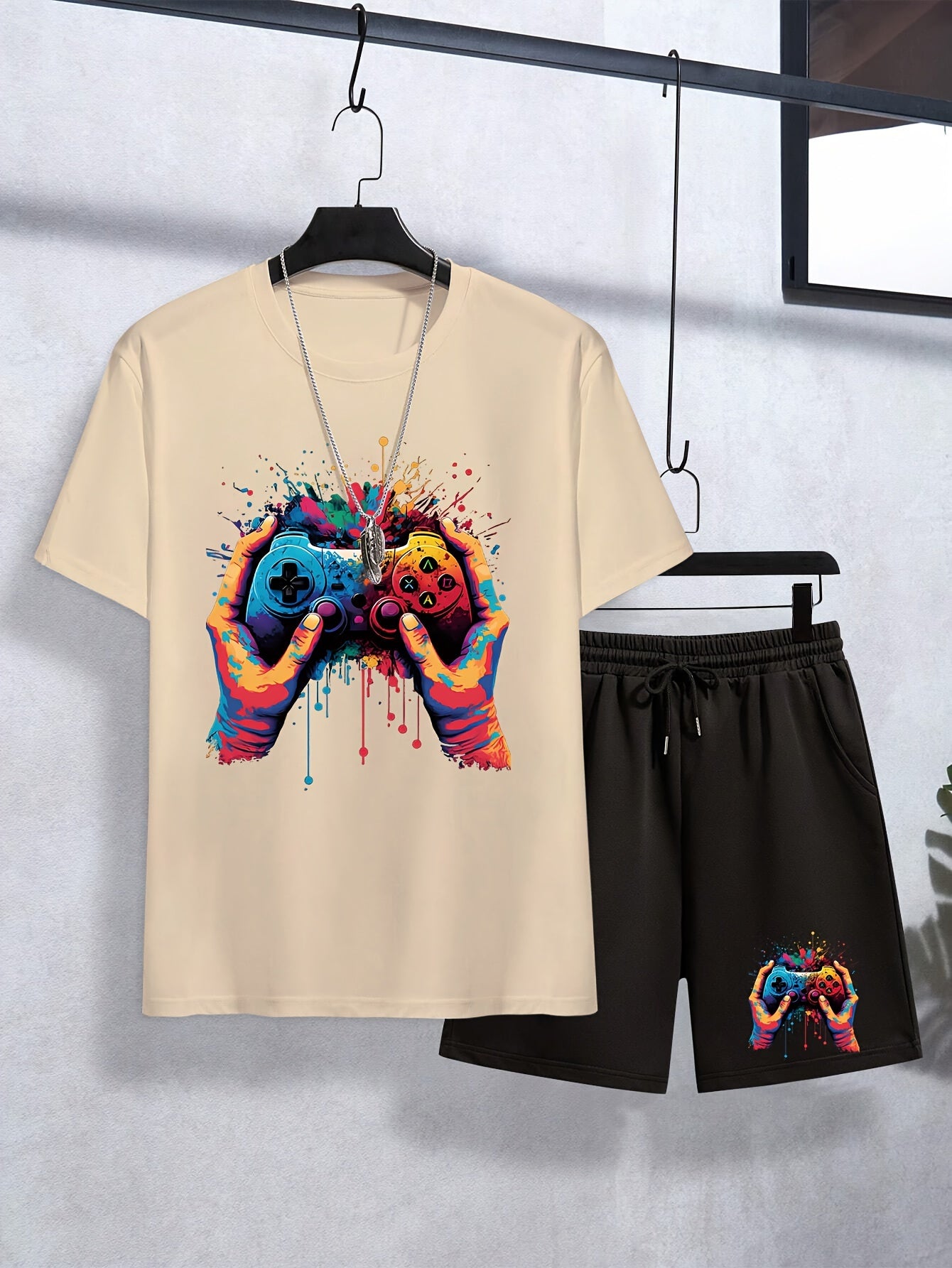 Teen Boys 2pcs Cartoon Colorful Gamepad Print Tee & Comfy Shorts Set, Teens Outfit