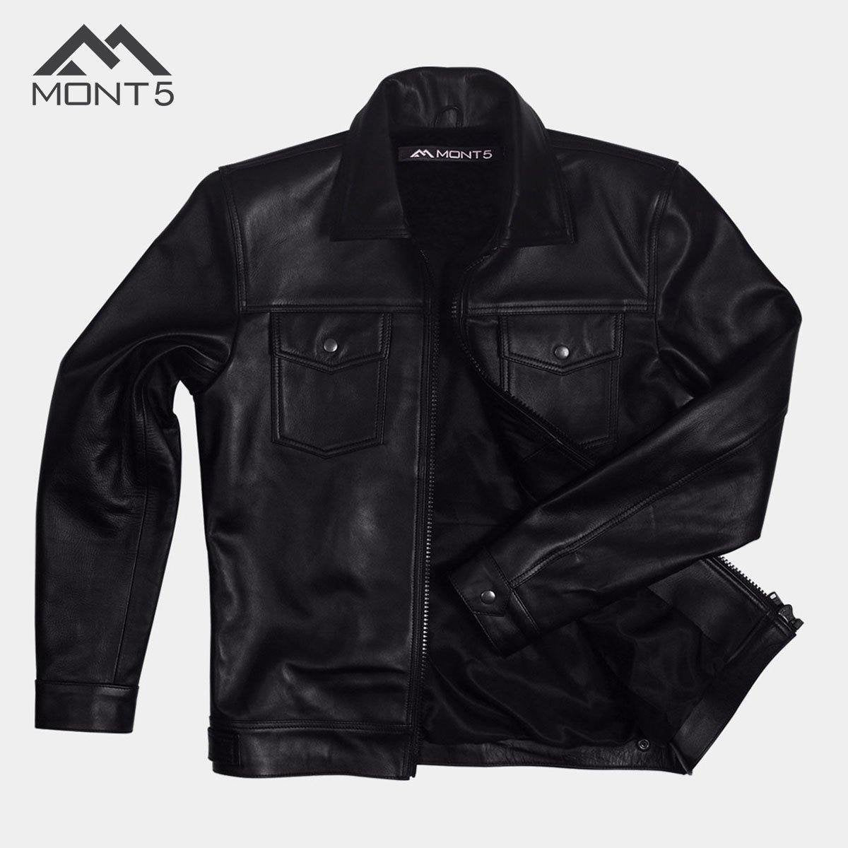 MONT5 - Diran Men Black Classic Leather Jacket with Shirt Collar-5