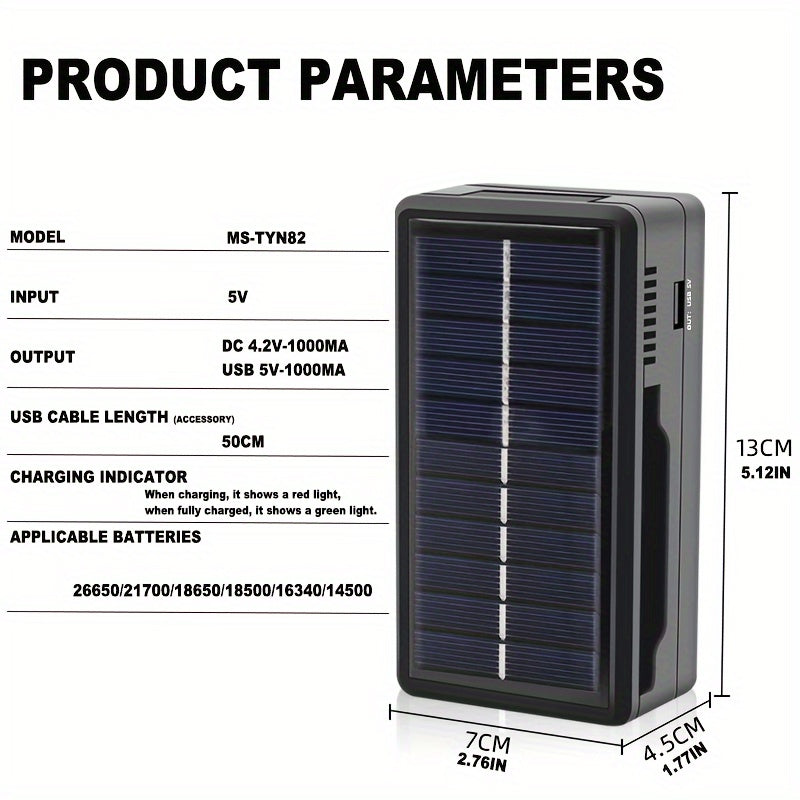 Solar Battery Charger, Type-C Dual Slot, USB Rechargeable, Compatible With 18650 Batteries, Outdoor Multifunctional Smart Charger.