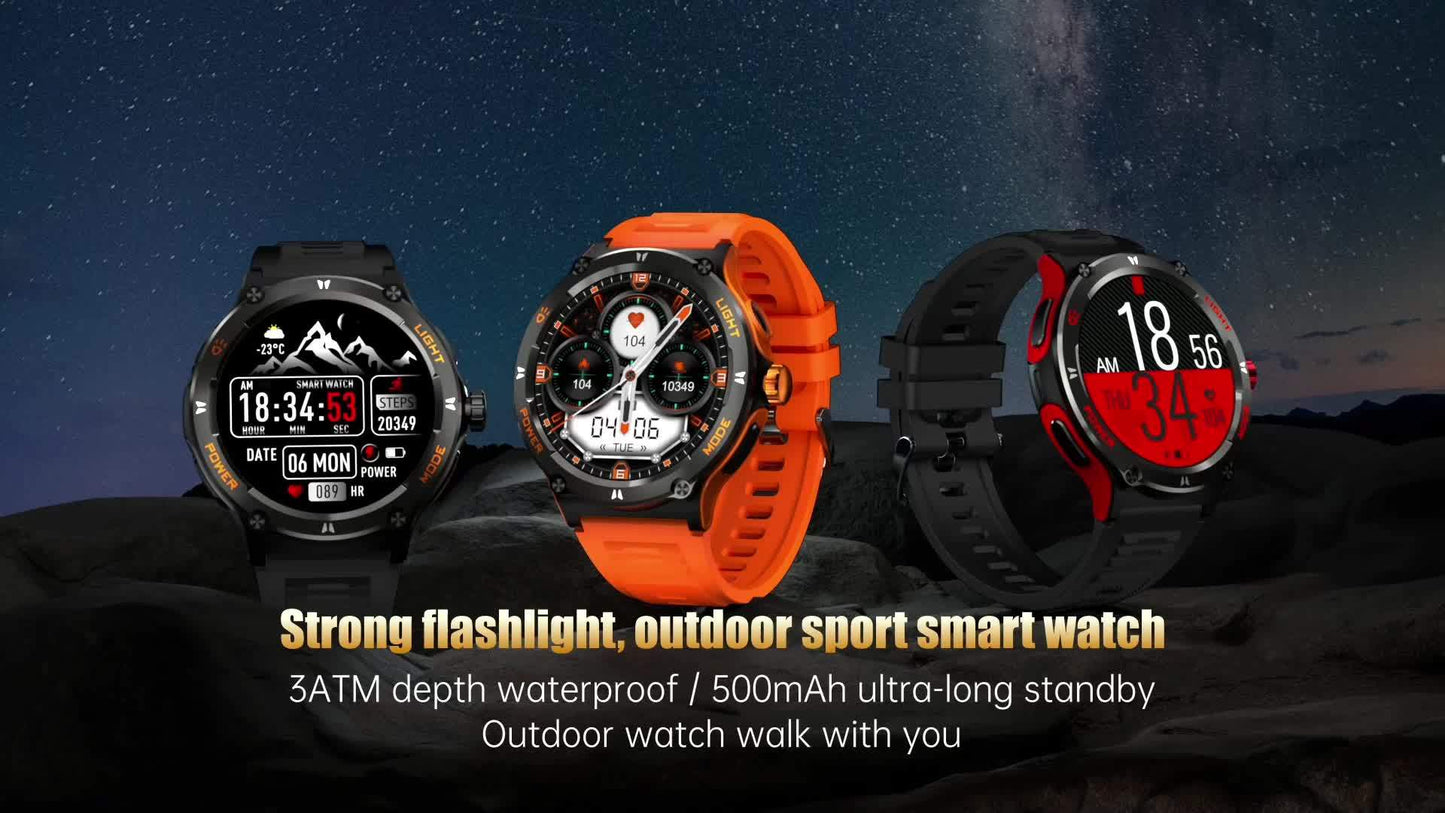 1pc Smart Watch With HD Touch Screen, Outdoor Strong Light Flashlight, And Compass, Outdoor Wireless Calling Sports Bracelet, 500mAh Battery, Rugged Fitness Tracker