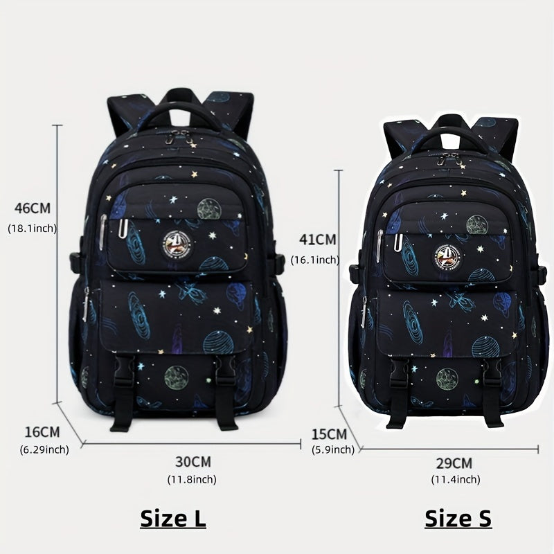 Galaxy Explorer Durable Large Capacity Kids School Backpack, Waterproof With Fun Astronaut & Starry Sky Print, With Adjustable Straps