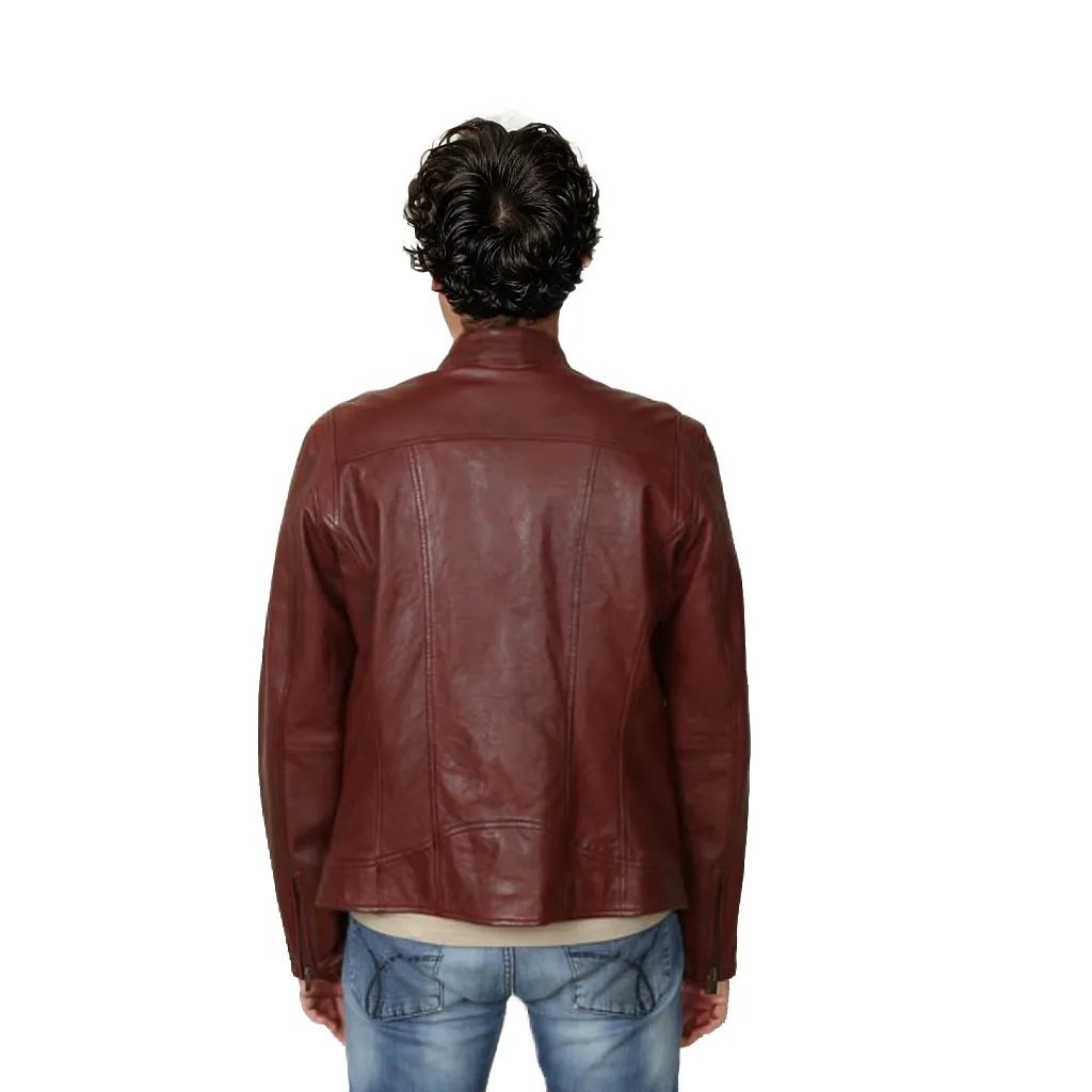 Leo Men's Genuine Leather Biker Jacket Maroon-3