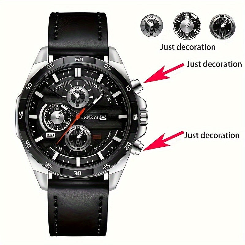 2pcs Men's Business Casual Belt Watch Calendar Waterproof Watch Set, Ideal choice for Gifts