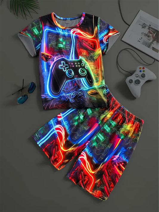 2pcs Boys Casual Colorful Cool Game Console 3D Print Comfortable Versatile Short Sleeve T-shirt & Shorts Set, Cool, Lightweight And Comfy Summer Clothes!