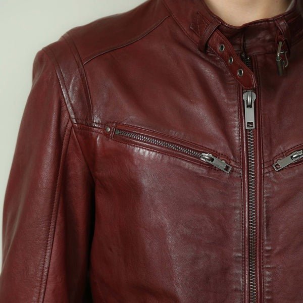 Leo Men's Genuine Leather Biker Jacket Maroon-4