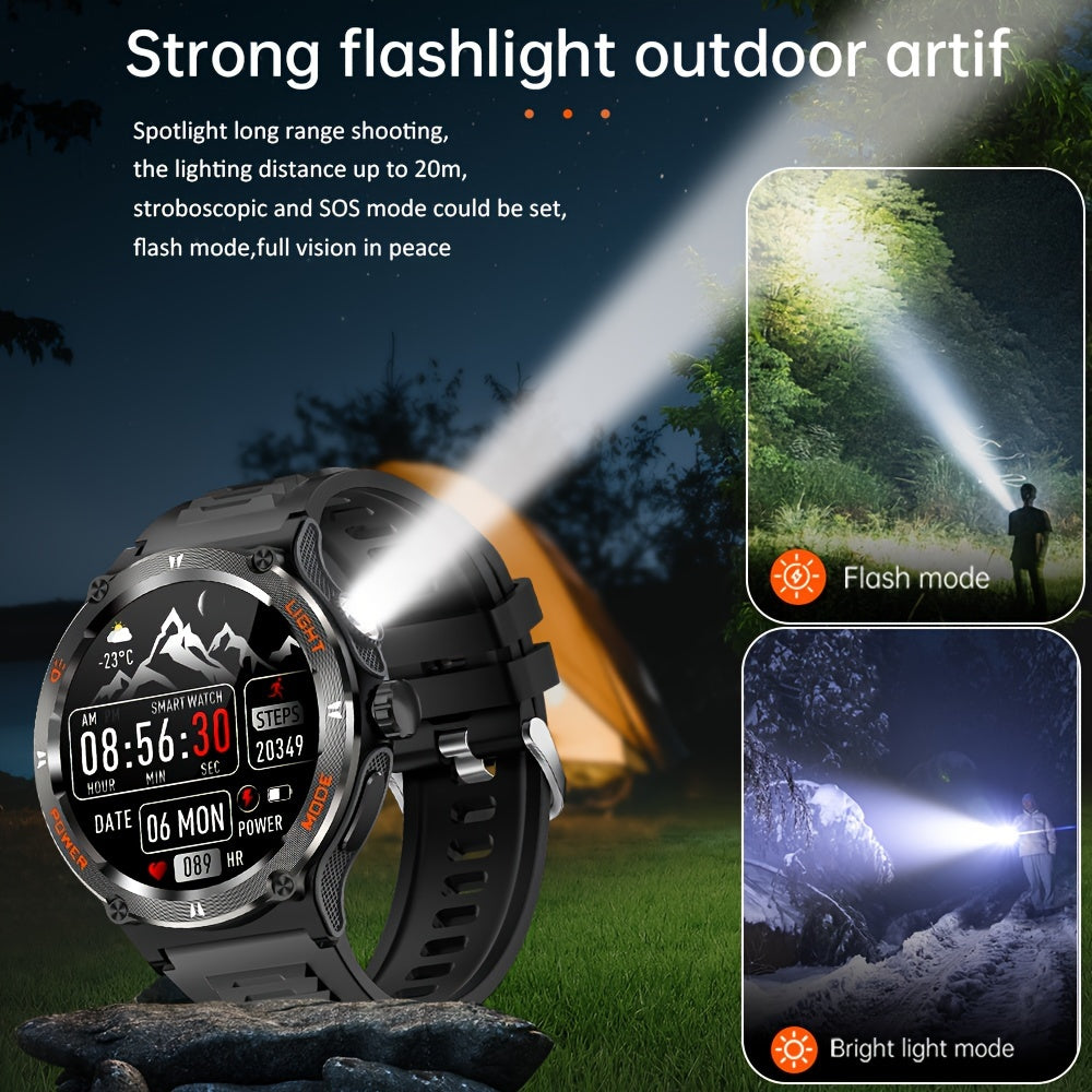 1pc Smart Watch With HD Touch Screen, Outdoor Strong Light Flashlight, And Compass, Outdoor Wireless Calling Sports Bracelet, 500mAh Battery, Rugged Fitness Tracker