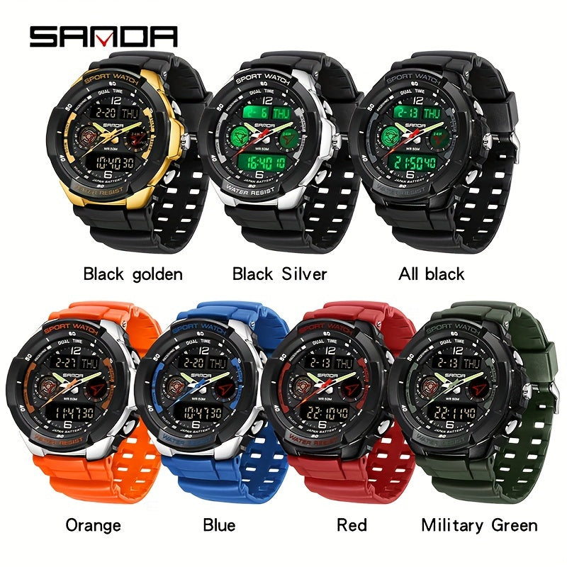 Sports Watch for Men - Water-Resistant 50m, Digital Electronic Movement, Dual Display, Stopwatch, Date Function, Rubber Strap, Round Synthetic Resin Case - Outdoor Waterproof Wristwatch with Night Light