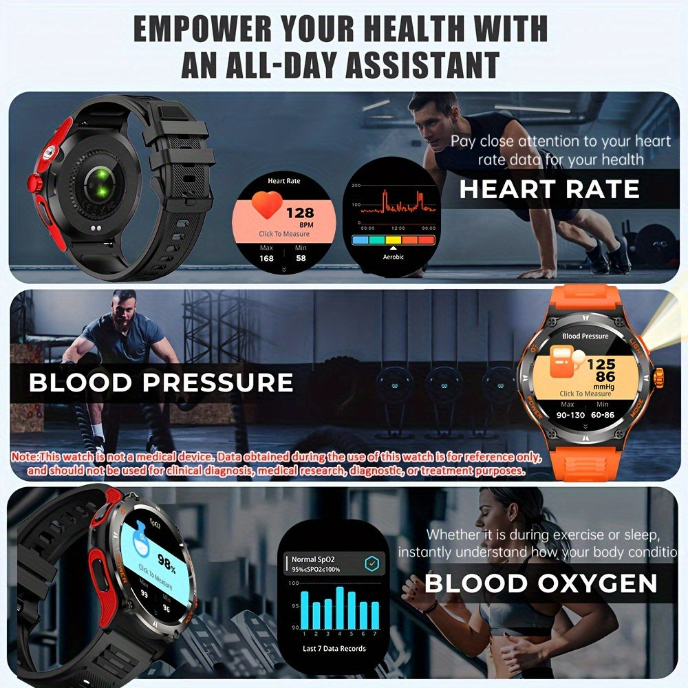 1pc Smart Watch With HD Touch Screen, Outdoor Strong Light Flashlight, And Compass, Outdoor Wireless Calling Sports Bracelet, 500mAh Battery, Rugged Fitness Tracker