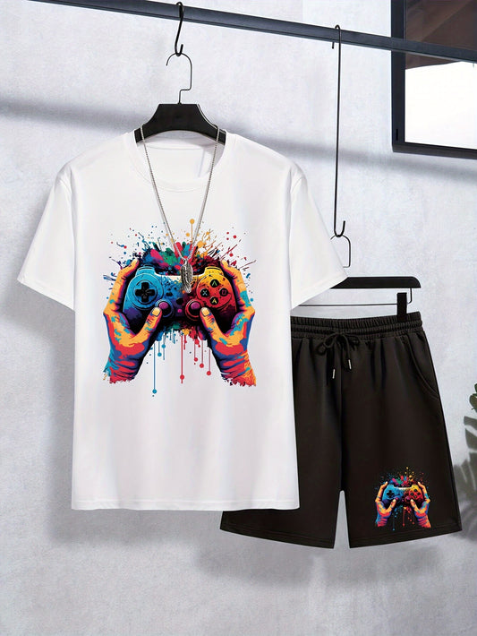 Teen drenge 2 stk tegneserie farverigt gamepad print T-shirt og behagelige shorts sæt, teenager outfit