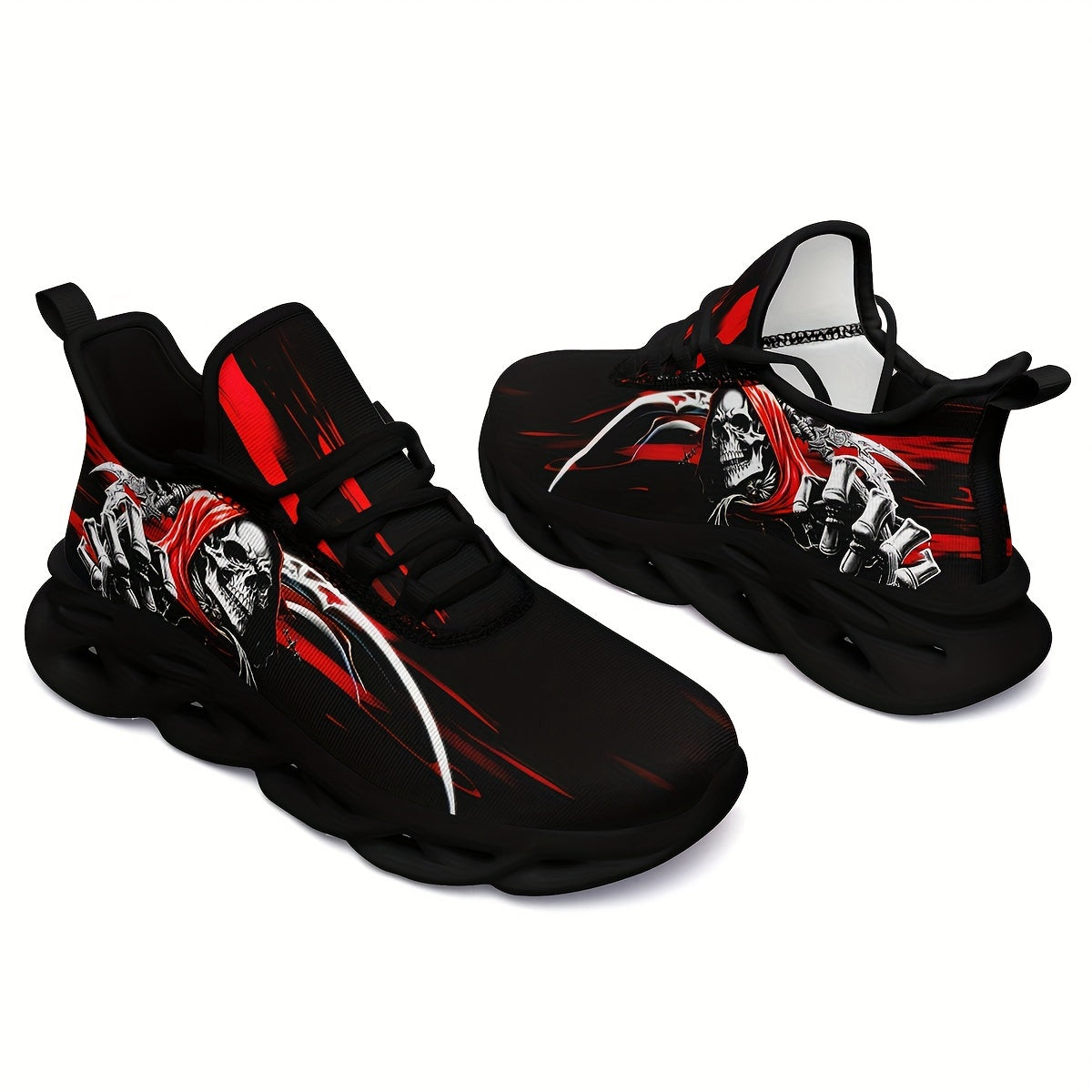 Plus Size Men's Cyber Punk Style Skull Pattern Woven Breathable Sneakers, Comfy Non Slip Durable Lace Up EVA Sole Running Shoes