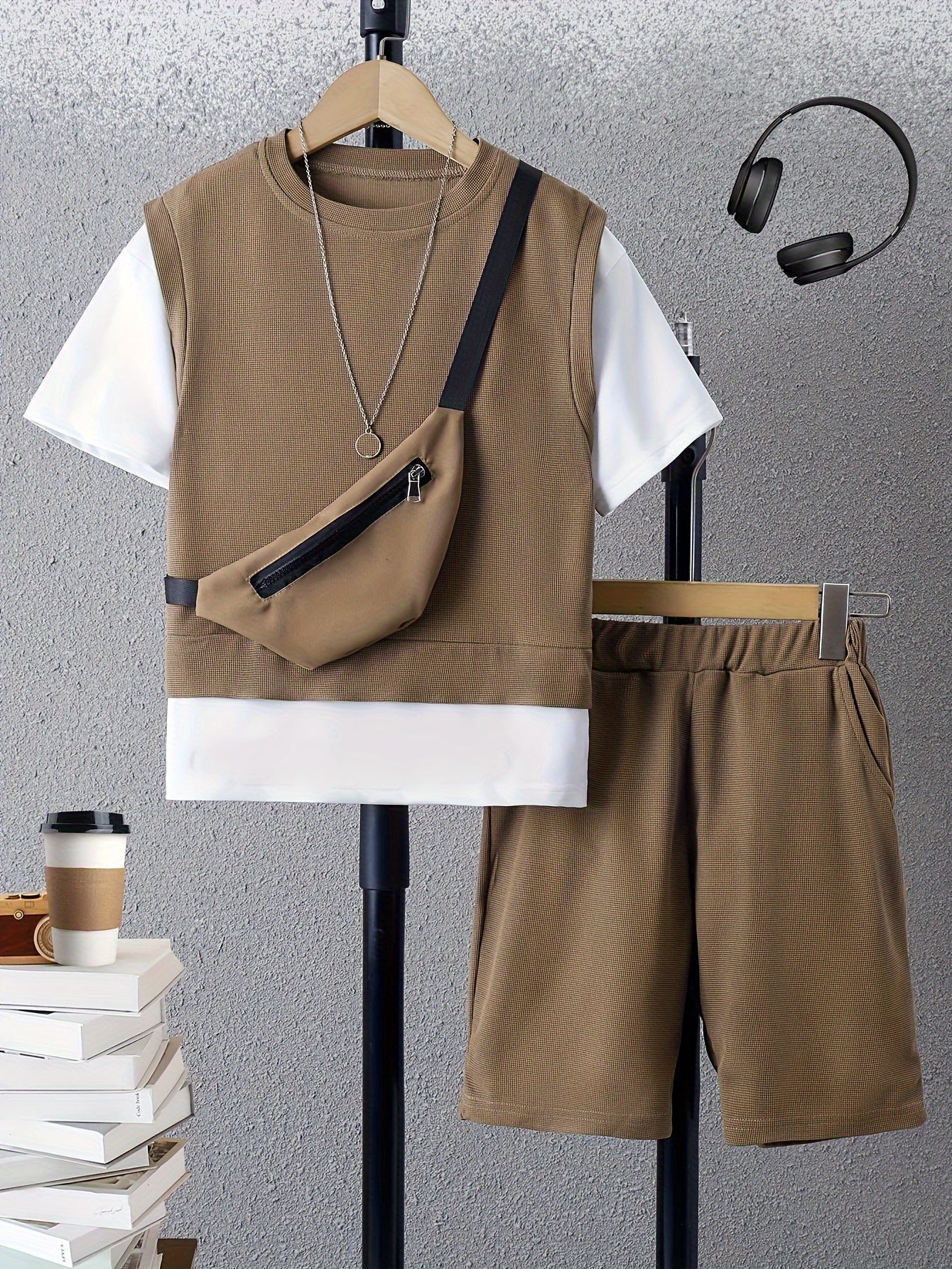 3pcs Boys Casual Fake Two-piece Short Sleeve T-shirt & Shorts & Crossbody Bag Set, Comfy Summer Boys Clothes