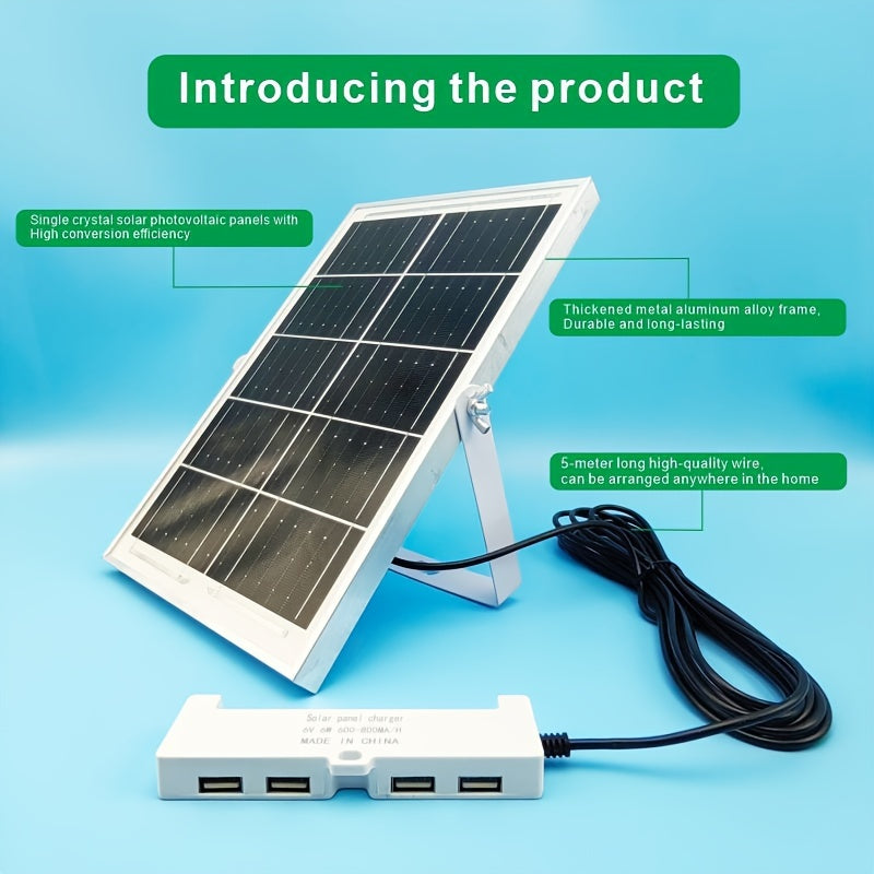 Portable Solar Panel Charger Kit with 4 USB Ports - High-Efficiency Universal USB Charging Panel, 600-800mAh Output per Hour, 5m Cable Included, Compatible with Multiple USB Devices