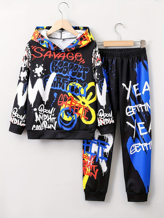 Cool Letter Graffiti Print 2pcs Boys Casual Sweatsuit, Long Sleeve Hoodie & Sweatpants Set Boys Streetwear Sports Set