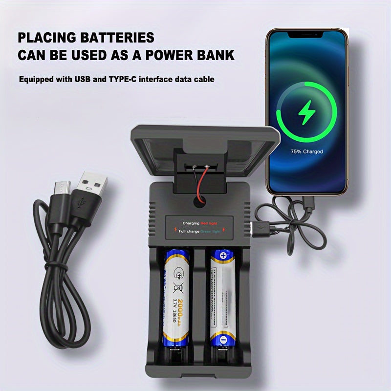 Solar Battery Charger, Type-C Dual Slot, USB Rechargeable, Compatible With 18650 Batteries, Outdoor Multifunctional Smart Charger.