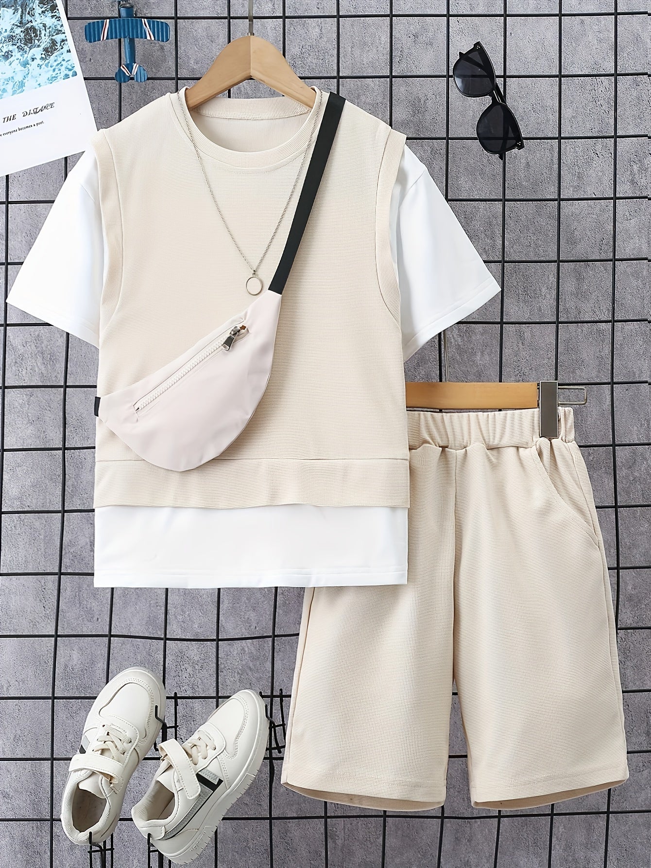 3pcs Boys Casual Fake Two-piece Short Sleeve T-shirt & Shorts & Crossbody Bag Set, Comfy Summer Boys Clothes