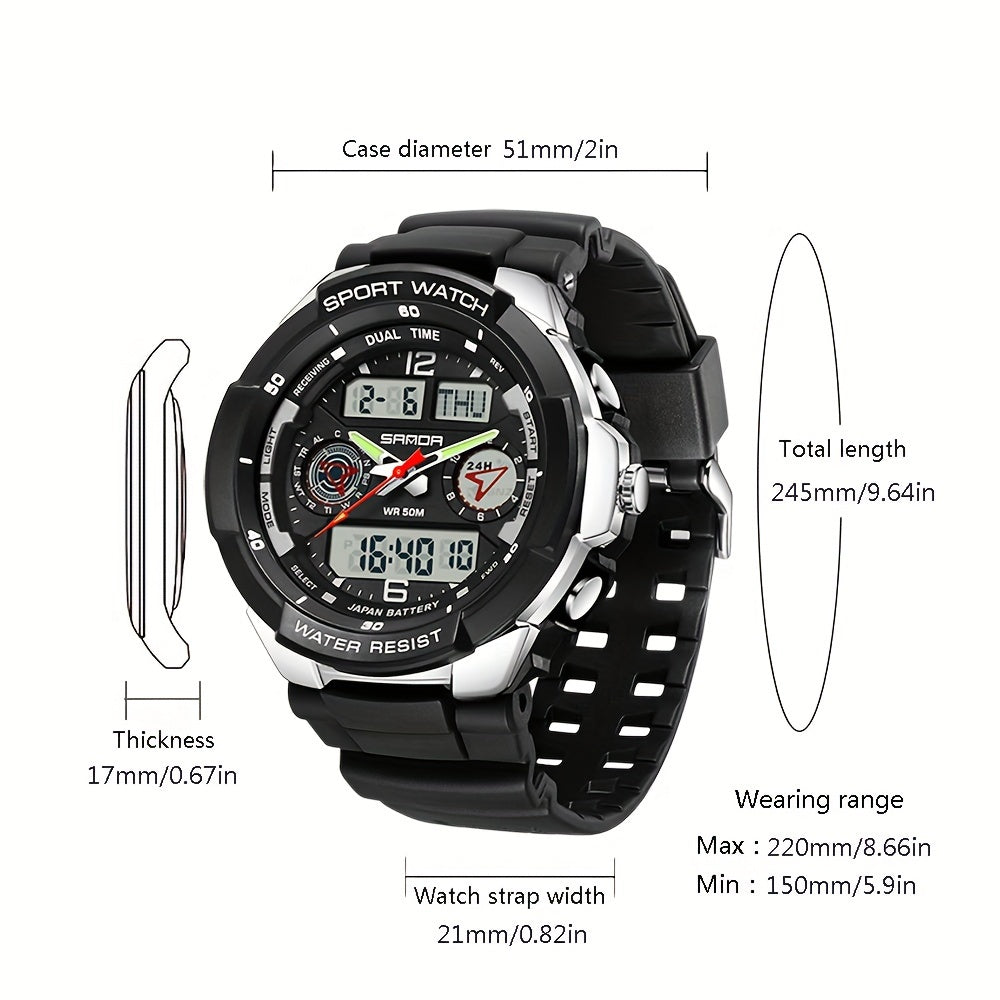 Fashion Mens Sports Dual Display Waterproof Quartz Watch, Outdoors Luminous Watch With Countdown, Alarm Clock, Stopwatch Functions