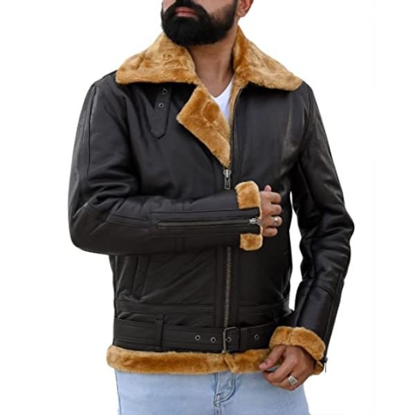 Premium Shearling Fur Leather Jacket-Brown-3