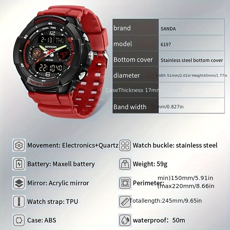 Sports Watch for Men - Water-Resistant 50m, Digital Electronic Movement, Dual Display, Stopwatch, Date Function, Rubber Strap, Round Synthetic Resin Case - Outdoor Waterproof Wristwatch with Night Light